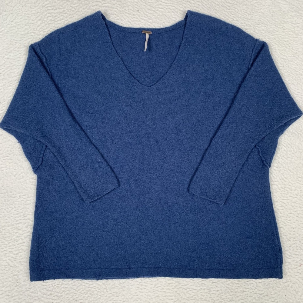 Free People Oversized Pullover Sweater Womens L V-Neck Nylon Wool Yak Blend Blue